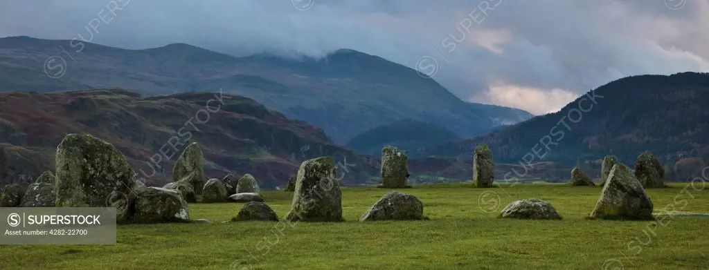 England, Cumbria, near Keswick. Castlerigg Stone Circle, one of the most visually impressive prehistoric monuments in Britain.