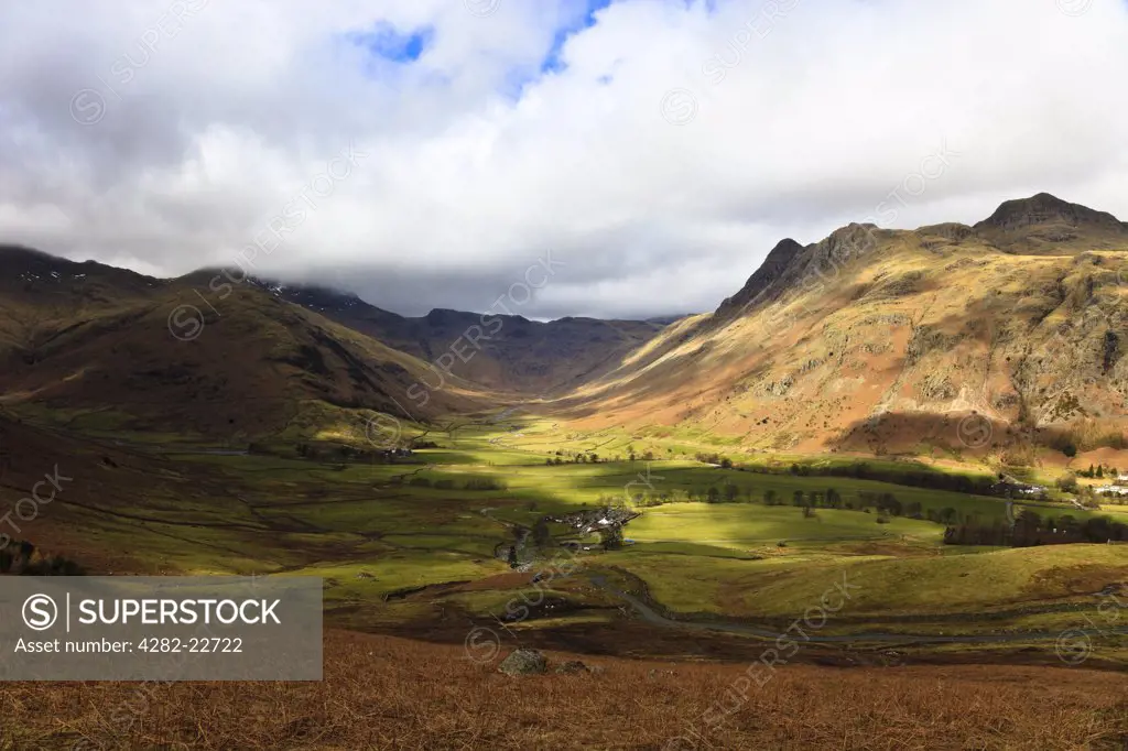 England, Cumbria, Langdale. A view of the Landale valley from the slopes of the Pike of Blisco.