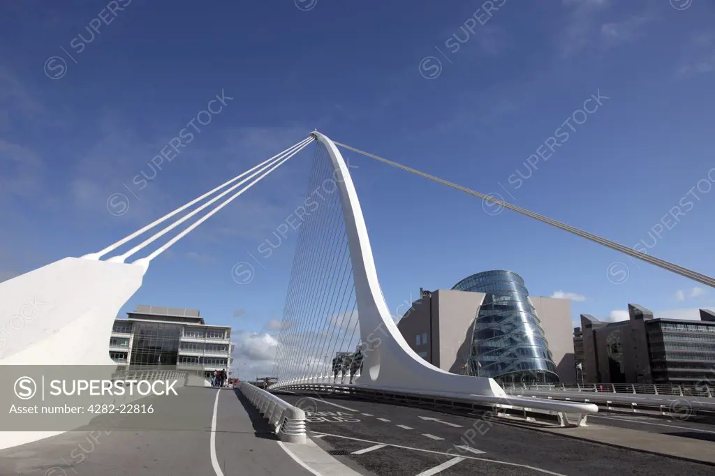 Republic of Ireland, Dublin City, Dublin. Samuel Beckett Bridge, a cable-stayed bridge designed by Spanish architect Santiago Calatrava that joins Sir John Rogerson's Quay to North Wall Quay across the River Liffey. The Convention Centre Dublin (The CCD) is on North Wall Quay.