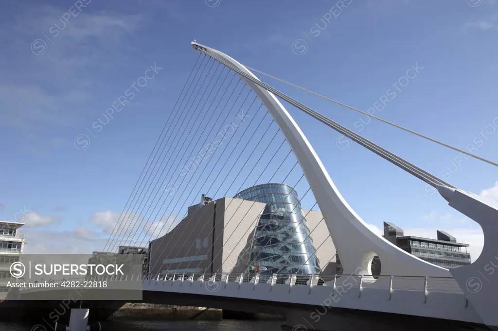 Republic of Ireland, Dublin City, Dublin. Samuel Beckett Bridge, a cable-stayed bridge designed by Spanish architect Santiago Calatrava that joins Sir John Rogerson's Quay to North Wall Quay across the River Liffey. The Convention Centre Dublin (The CCD) is on North Wall Quay.