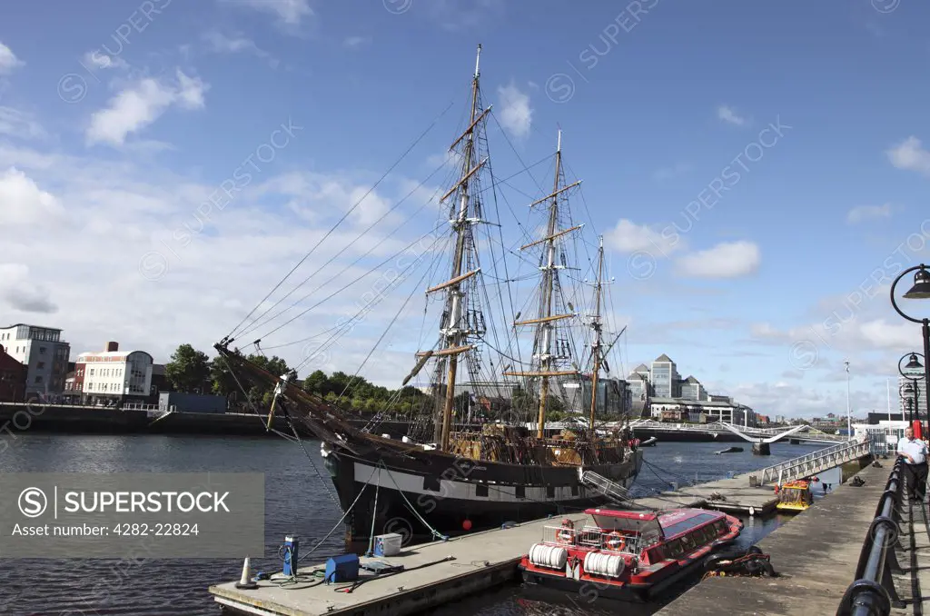 Republic of Ireland, Dublin City, Dublin. Jeanie Johnston Famine Ship Museum on the River Liffey, a replica of the three masted barque which made sixteen voyages across the Atlantic transporting Irish emigrants during the 19th century Famine.