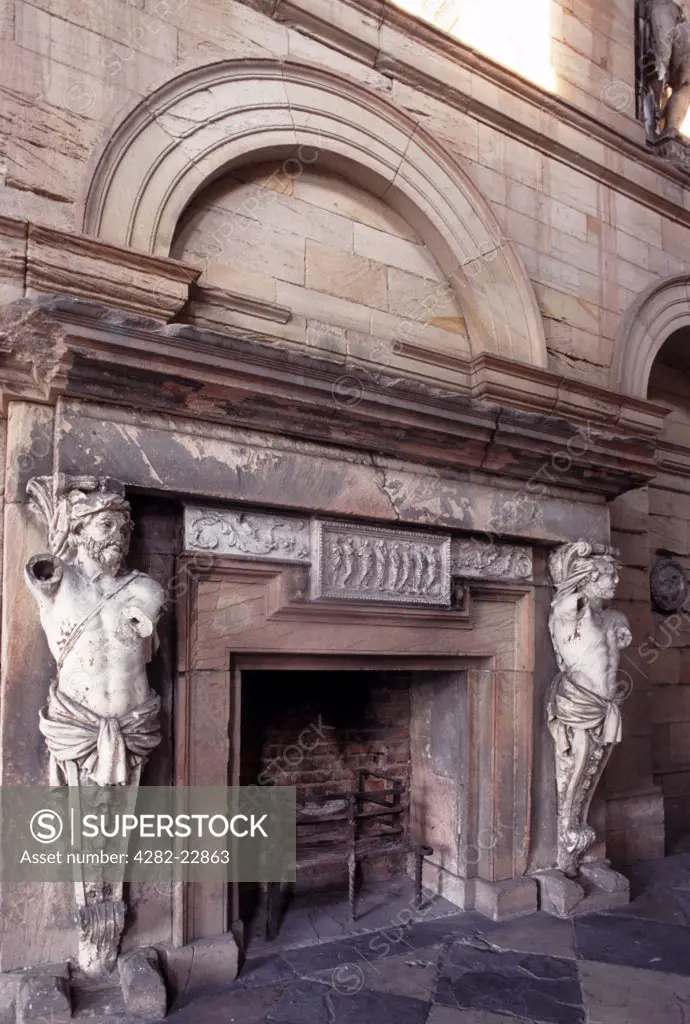 England, Northumberland, Seaton Delaval. Fireplace in the entrance hall of Seaton Delaval Hall, considered to be Sir John Vanburgh's final masterpiece.