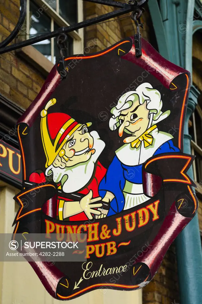 England, London, Covent Garden. The Punch & Judy Pub sign in Covent Garden.