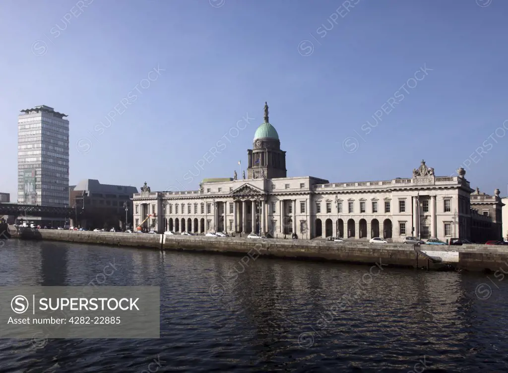 Republic of Ireland, Dublin, Dublin. The Custom House, a neoclassical 18th century building by James Gandon, and Liberty Hall on the River Liffey, Dublin.