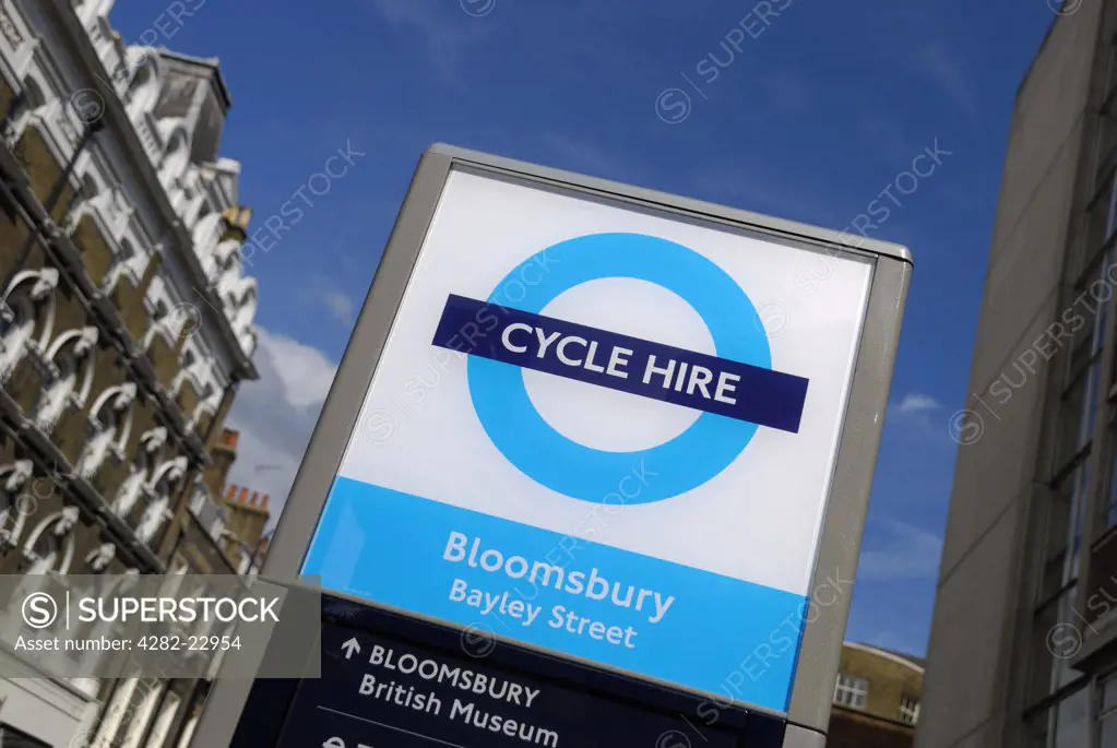 England, London, Bloomsbury. Barclays Cycle Hire docking station sign.