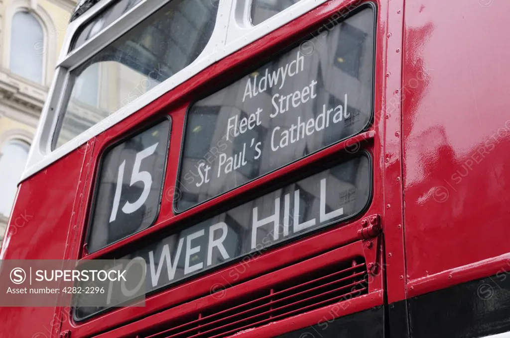 England, London. A Routemaster London bus on heritage route 15 between Trafalgar Square and Tower Hill.