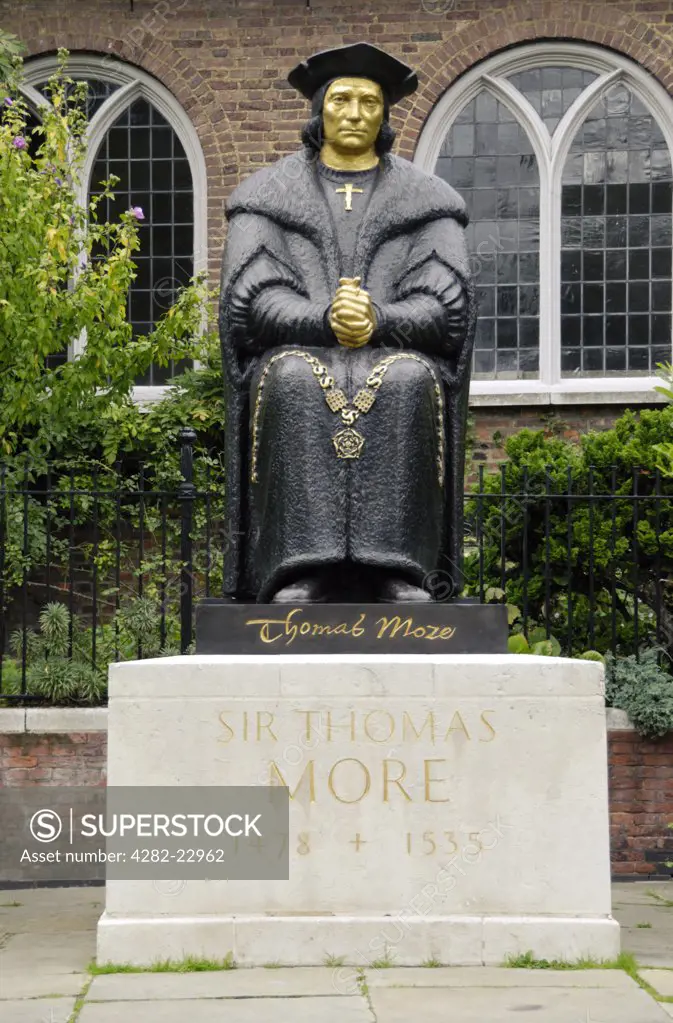 England, London, Chelsea. Statue of Sir Thomas More 1478 - 1535, an English lawyer, social philosopher, author, statesman and noted Renaissance humanist, outside Chelsea Old Church in Cheyne Walk.