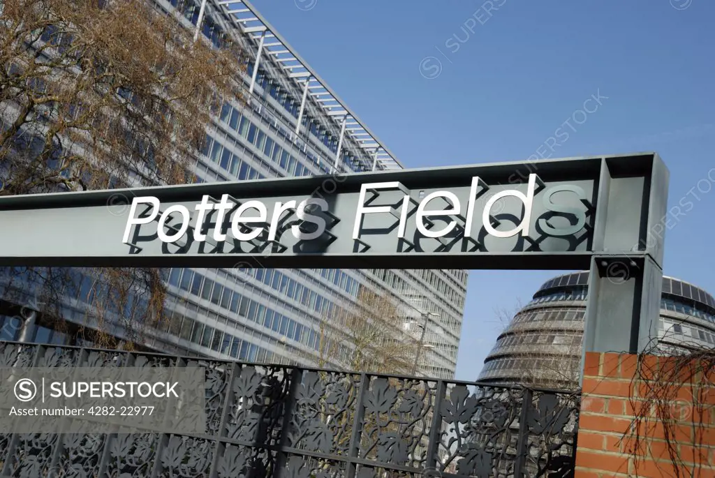 England, London, Southwark. A sign for Potters Fields Park on the South bank of the River Thames close to City Hall.