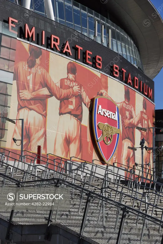 England, London, Islington. The exterior of the Emirates Stadium, home to Arsenal Football Club.