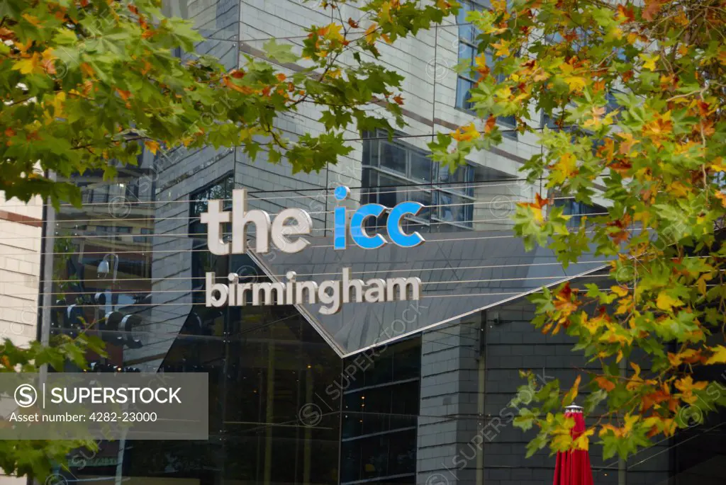 England, West Midlands, Birmingham. Signage outside the International Convention Centre (ICC Birmingham), a world-class events and conference venue.