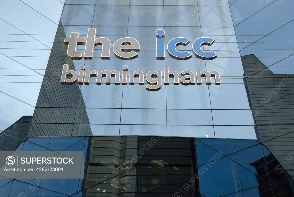 England, West Midlands, Birmingham. Signage outside the International Convention Centre (ICC Birmingham), a world-class events and conference venue.