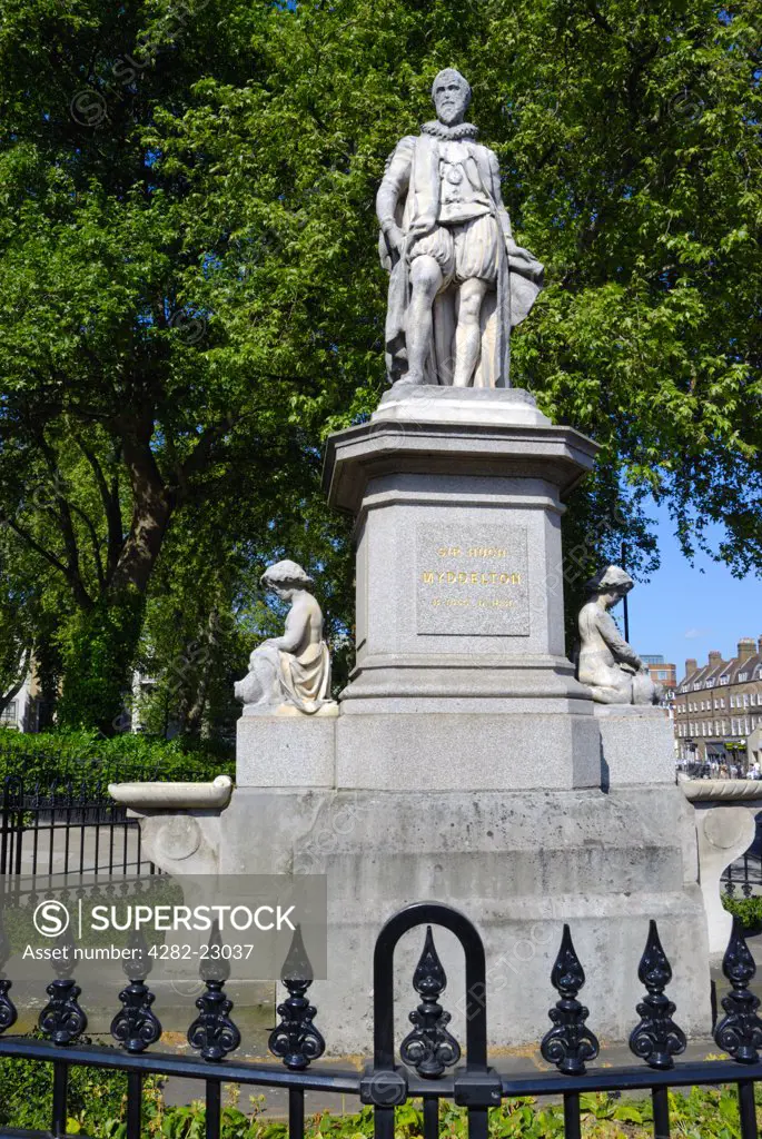 England, London, Islington. Memorial statue of Sir Hugh Myddelton (1560 - 1631) by John Thomas, on Islington Green.