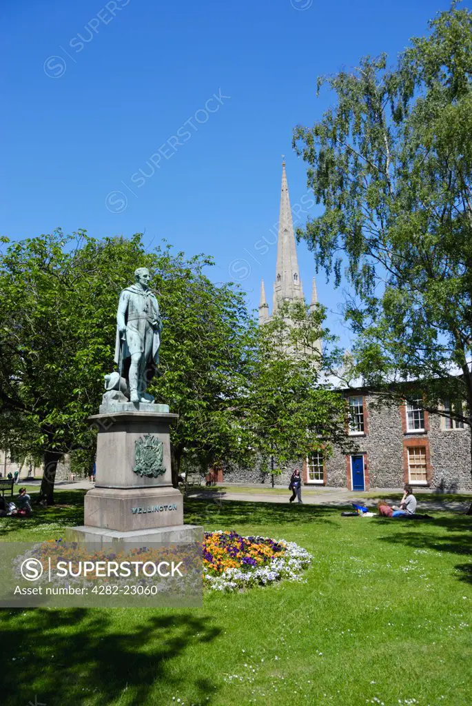 England, Norfolk, Norwich. Bronze statue of the Duke of Wellington in Cathedral Close.