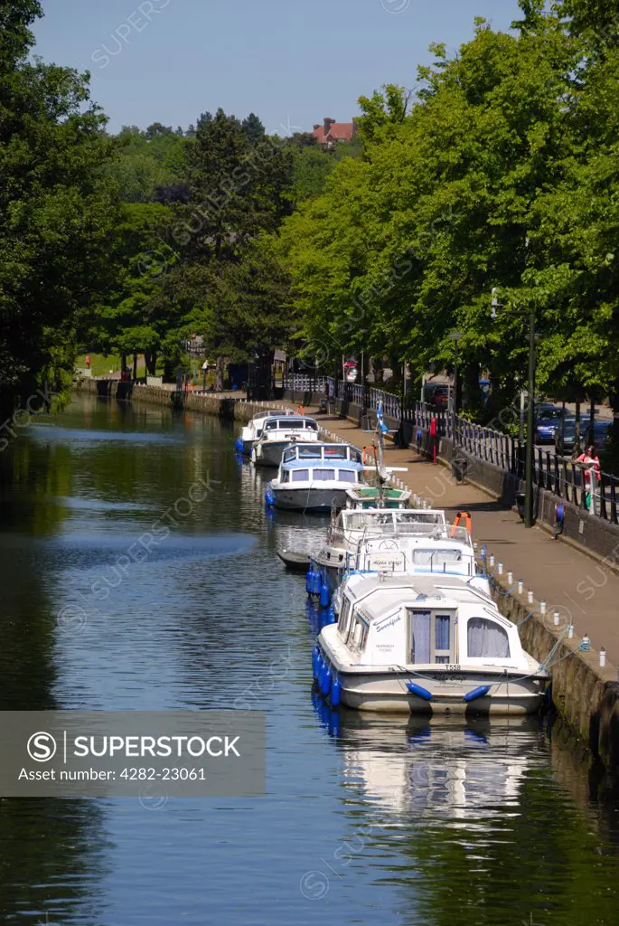 England, Norfolk, Norwich. Boats moored at Norwich Yacht Station on the River Wensum between Norwich and Yare on the Norfolk Broads.