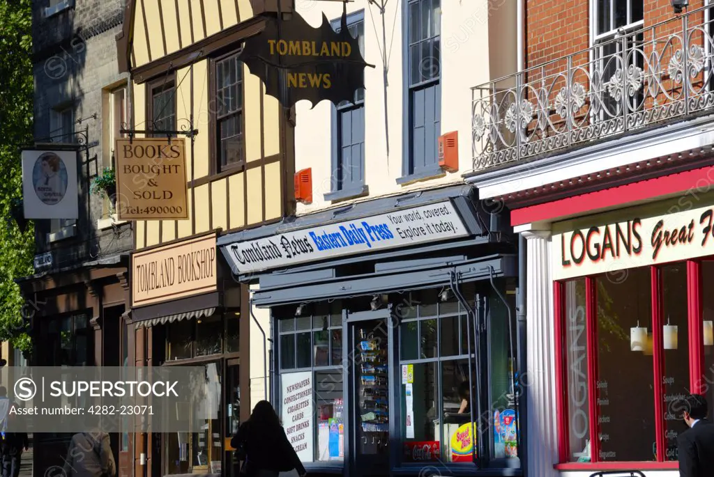England, Norfolk, Norwich. Shop fronts in the historic Tombland area, site of the original marketplace of Anglo-Saxon Norwich.
