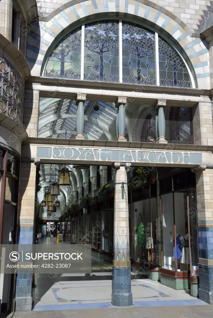 England, Norfolk, Norwich. The entrance to the Royal Arcade in Norwich, built in 1899 on the site of the yard of the Royal Hotel.