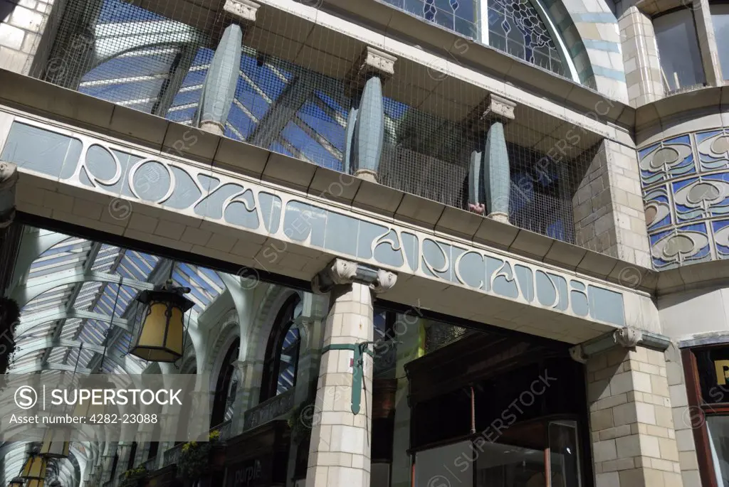 England, Norfolk, Norwich. The entrance to the Royal Arcade in Norwich, built in 1899 on the site of the yard of the Royal Hotel.