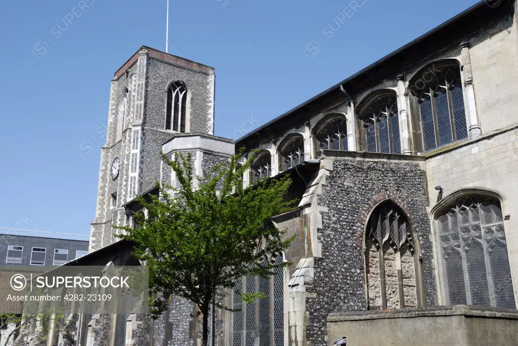 England, Norfolk, Norwich. The church of St Andrew, the second largest medieval parish church in Norwich. The tower dates back to 1478.