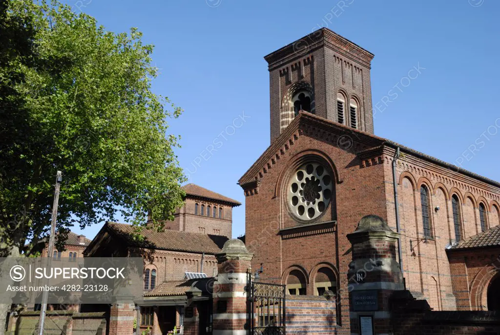 England, London, Golders Green. Golders Green Crematorium and Mausoleum, the first crematorium to be opened in London, and one of the oldest crematoria in Britain.