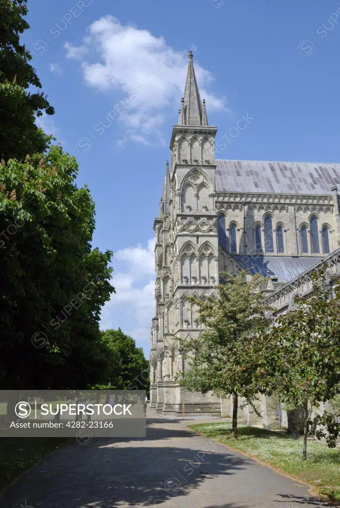 England, Wiltshire, Salisbury. Salisbury Cathedral, one of the finest medieval cathedrals in Britain.