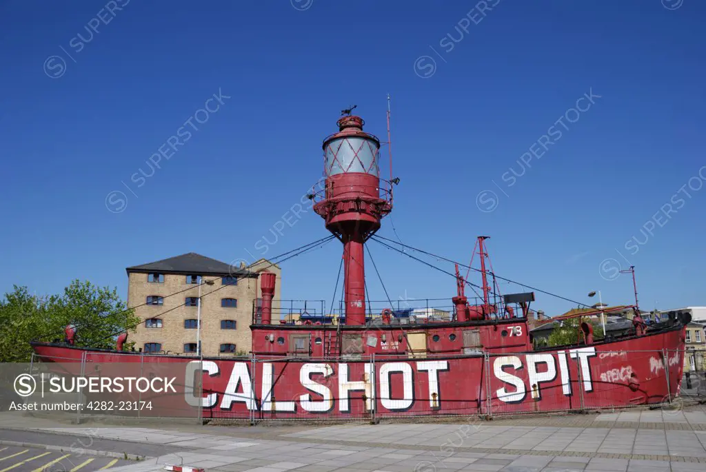 England, Hampshire, Southampton. The Calshot Spit lightship, once used to guide vessels entering Southampton water, now a permanent attraction at the Ocean Village Marina.