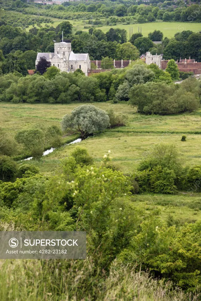 England, Hampshire, Winchester. View from St Catherine's Hill, featuring the Hospital of St Cross, England's oldest continuing almshouse.