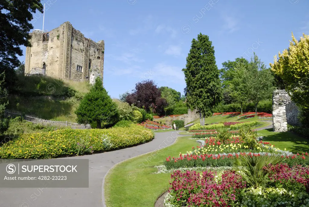 England, Surrey, Guildford. Guildford Castle tower keep and gardens.