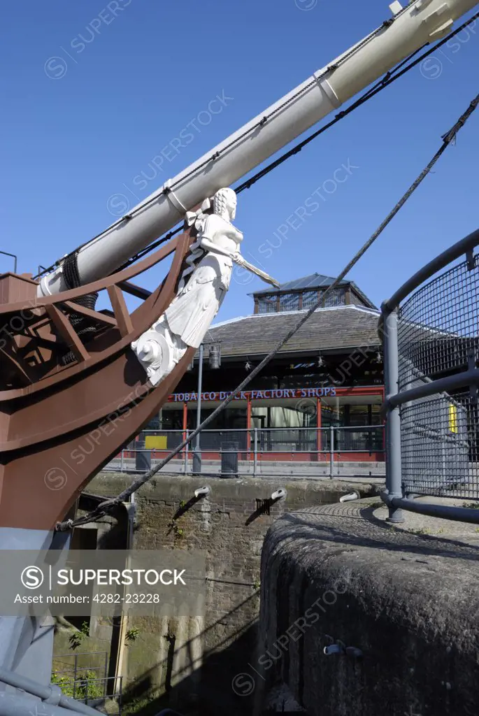England, London, Wapping. The bow of the replica Three Sisters pirate ship at Tobacco Dock. The ship is on permanent display and is representative of the ships that used to unload cargo at the dock.