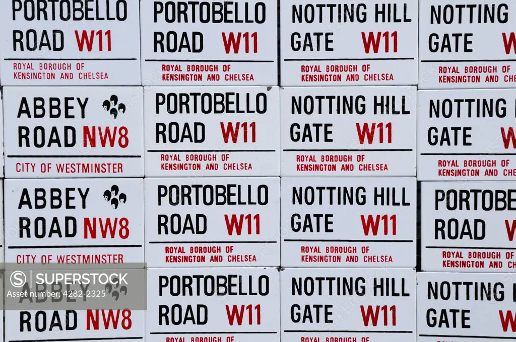 England, London, Notting Hill. Portobello Road, Notting Hill Gate and Abbey Road miniature street sign souvenir fridge magnets for sale.