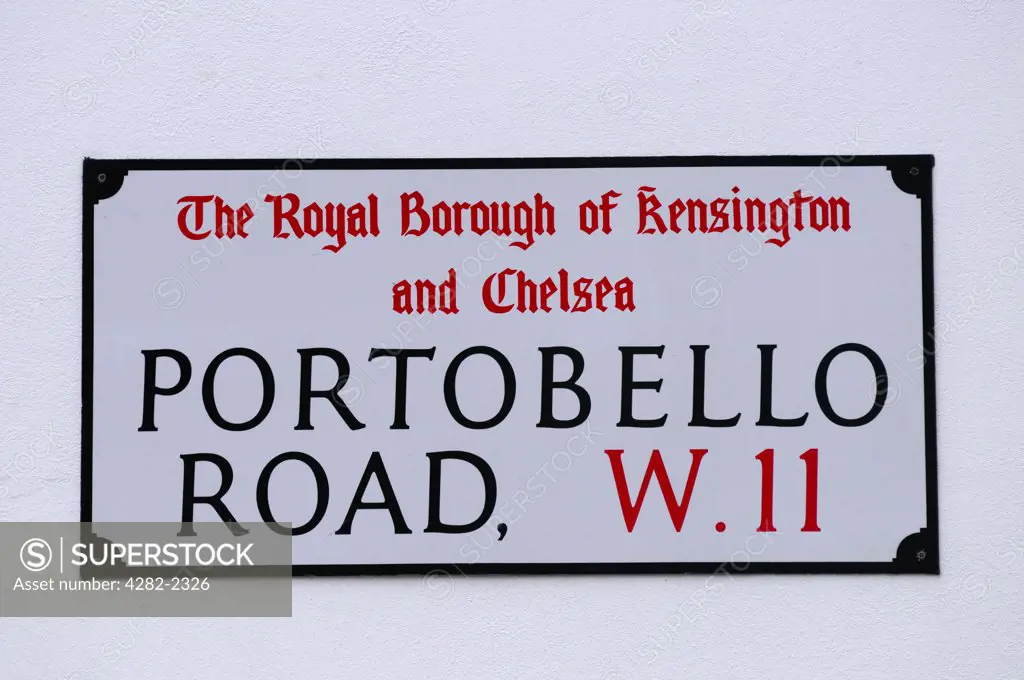 England, London, Notting Hill. Portobello Road W11 Street Sign in the Royal Borough of Kensington and Chelsea.