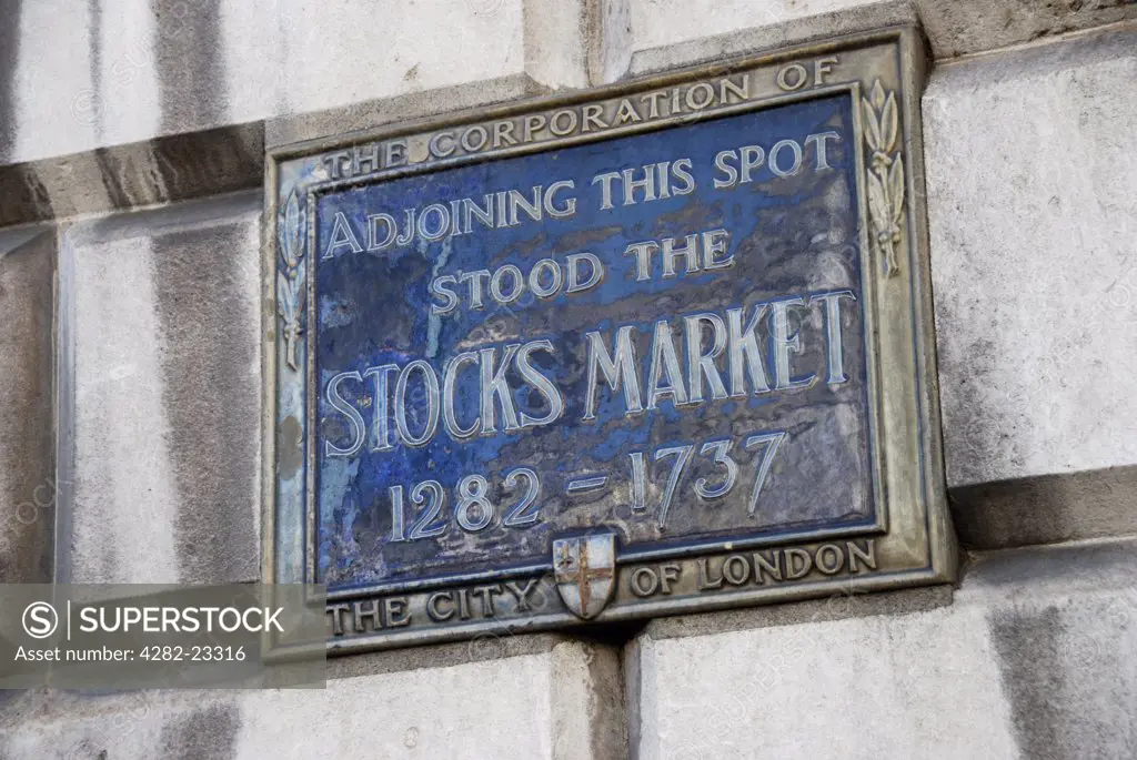 England, London, City of London. Blue plaque marking the location of the former Stocks Market in the City of London.