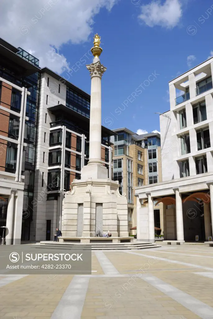 England, London, The City. View of Paternoster Square showing the Paternoster Square Column and modern office buildings.