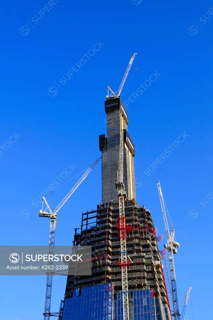 England, London, Southwark. Construction on Shard London Bridge, also known as the Shard of Glass. The building is due for completion in 2012 and will be the tallest building in the European Union.