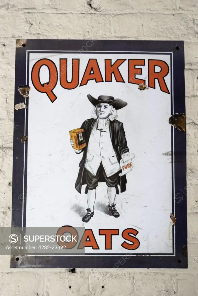 England, London, Clerkenwell. An old Quaker Oats advertisement on a tin plaque.