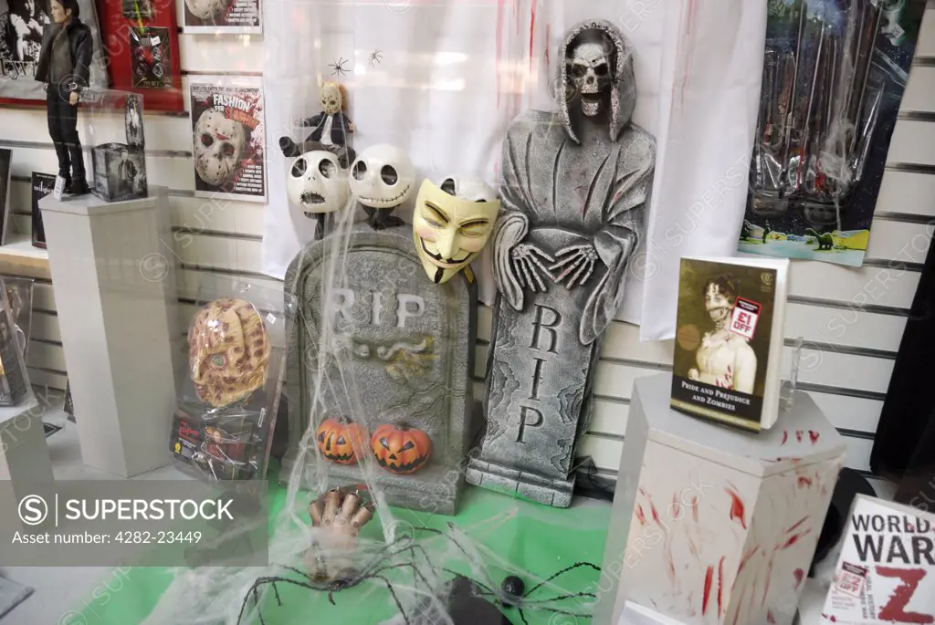 England, London, Westminster. Horror film merchandise in the shop window of Forbidden Planet, the world's largest and best-known science fiction, fantasy and cult entertainment retailer.