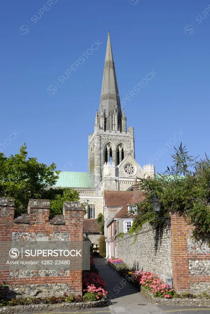 England, West Sussex, Chichester. St Richard's Walk leading to Chichester Cathedral. The spire is a landmark for sailors as Chichester is the only English Cathedral visible from the sea.