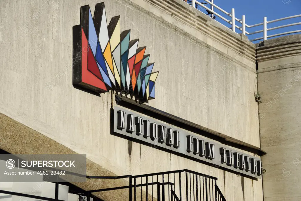 England, London, South Bank. National Film Theatre sign and logo on a wall on the Southbank.