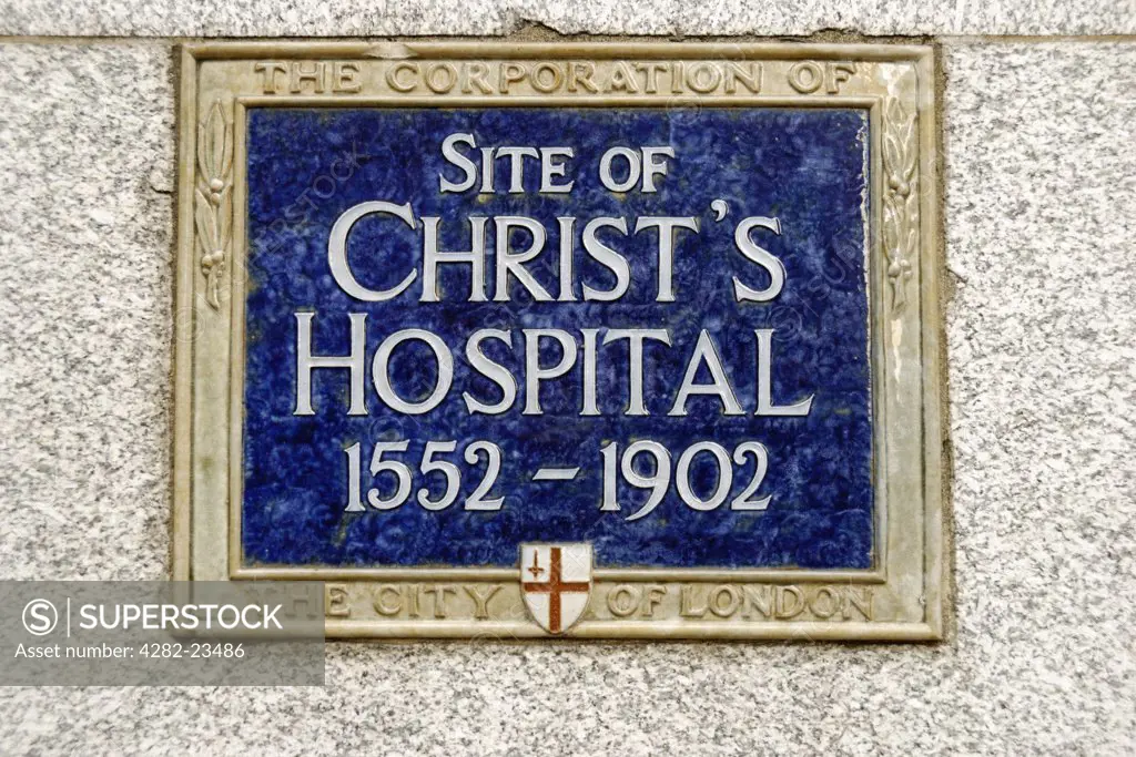 England, London, City of London. Plaque marking the former site of Christ's Hospital in Newgate Street.