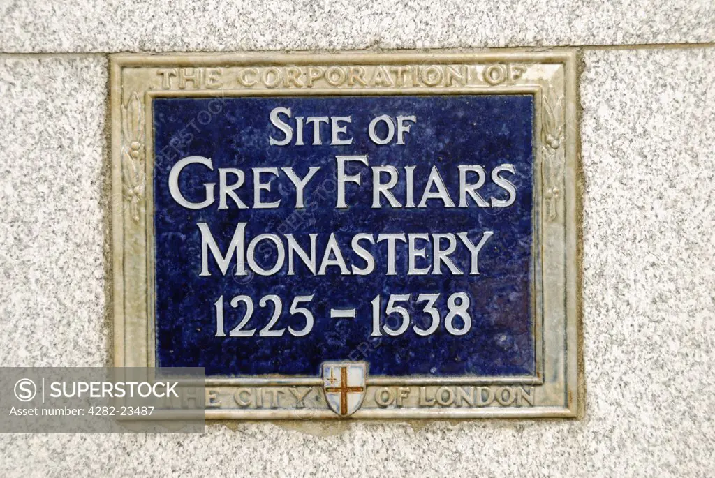 England, London, City of London. Plaque marking the former site of Grey Friars Monastery in Newgate Street.