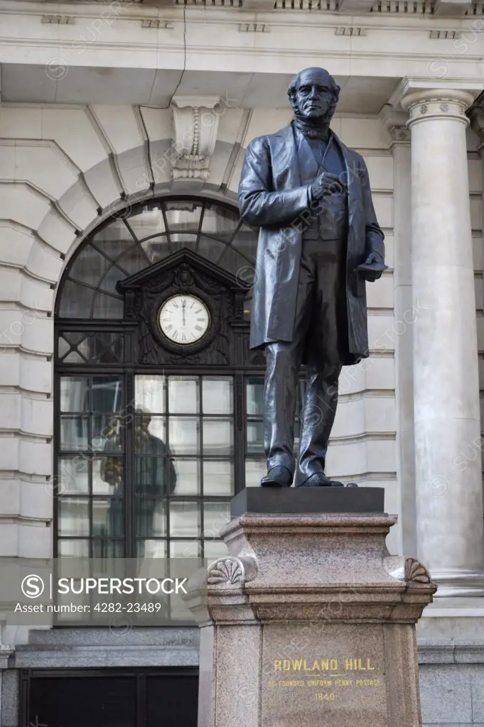 England, London, City of London. Statue of Sir Rowland Hill in King Edward Street.