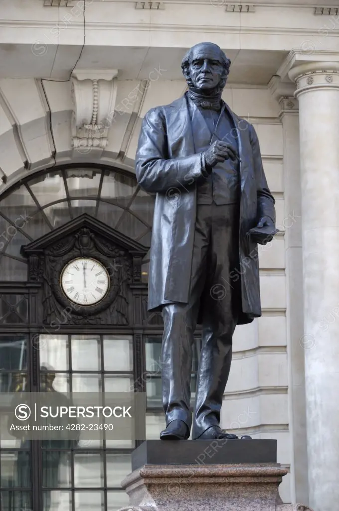 England, London, City of London. Statue of Sir Rowland Hill in King Edward Street.