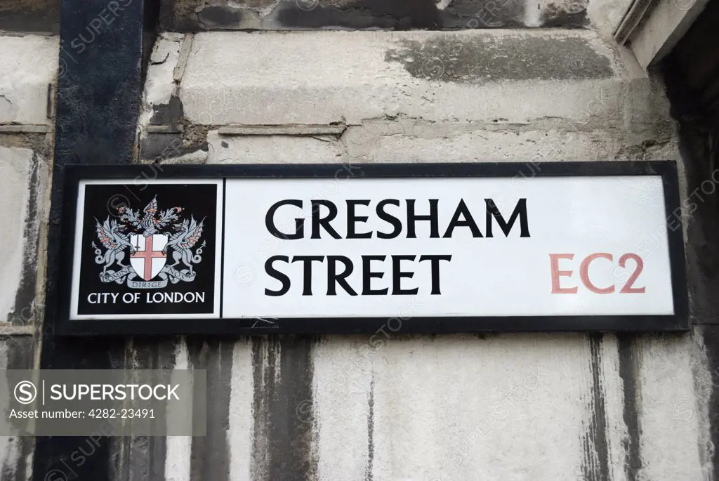 England, London, City of London. Gresham Street City of London EC2 street sign on wall.