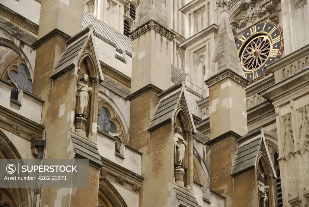 England, London, Westminster. Close up of the architecture on the exterior of Westminster Abbey in London.