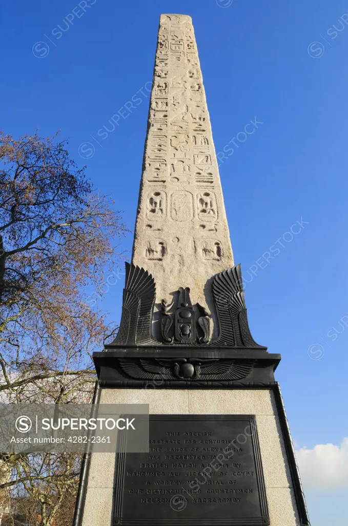 England, London, Victoria Embankment. Cleopatra's Needle, an ancient Egyptian obelisk on the Victoria Embankment. It was presented to the UK in 1819 in commemoration of the victories of Lord Nelson at the Battle of the Nile and Sir Ralph Abercromby at the Battle of Alexandria in 1801.