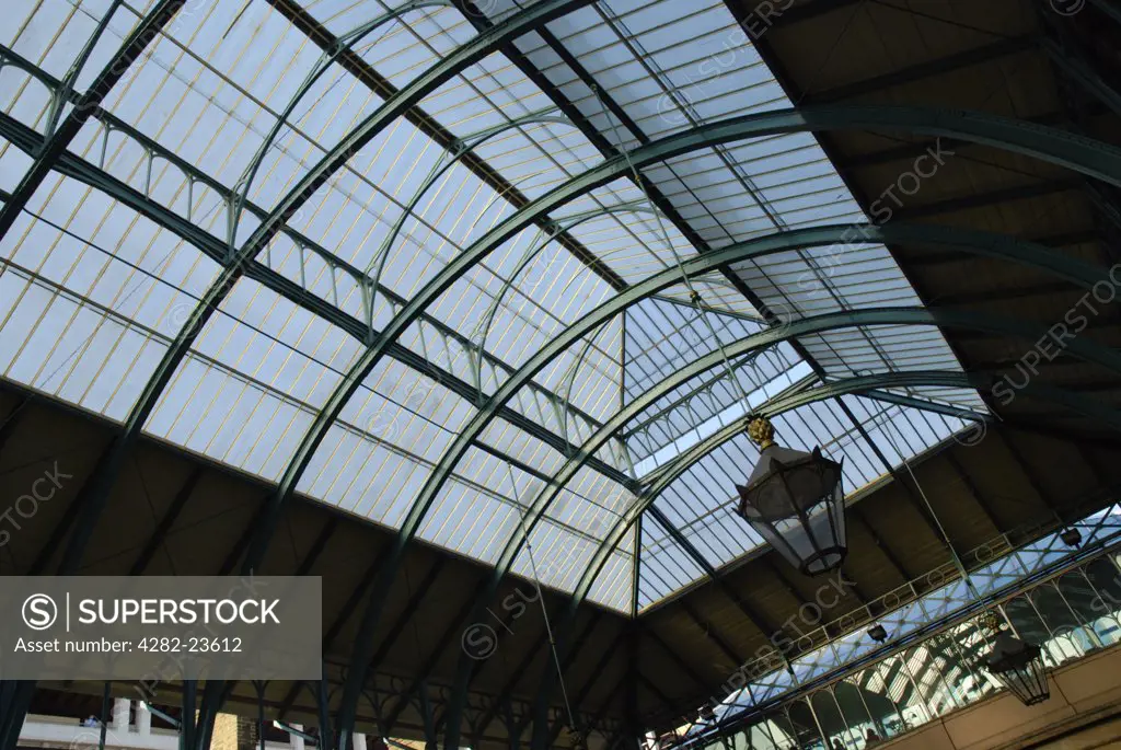 England, London, Covent Garden. Looking up at the roof in the interior of Covent Garden Market building.