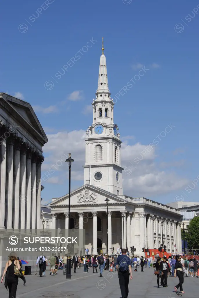 England, London, Trafalgar Square. A view to the recently restored St Martin's in the Field church in Trafalgar Square.