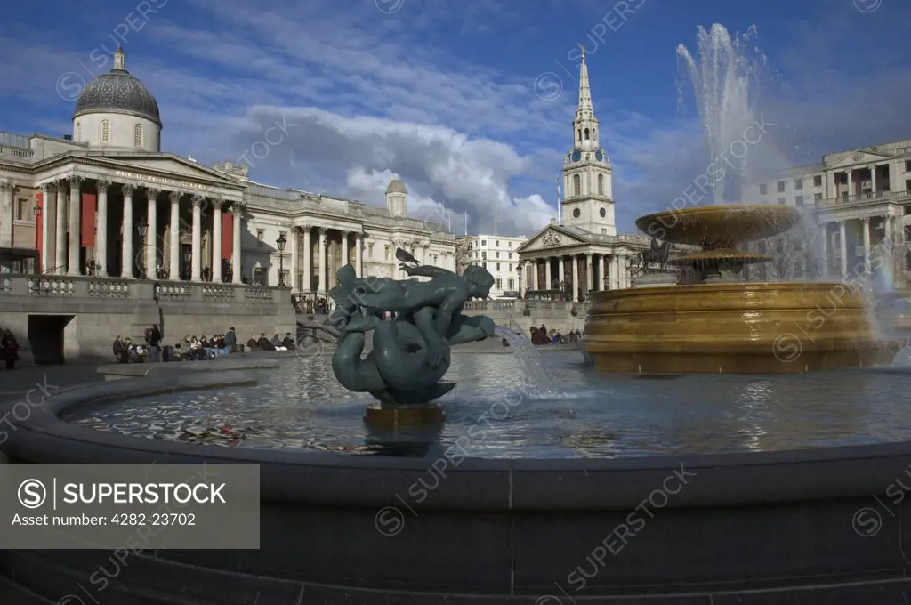 England, London, Trafalgar Square. View of Trafalgar Square with St Martins in the Field and the National Gallery in the distance.