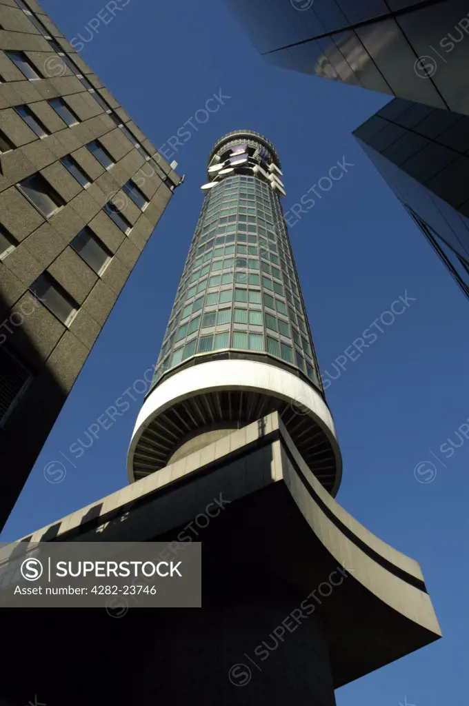 England, London, Bloomsbury. Looking up at the BT Tower against deep blue sky at 60 Cleveland Street.