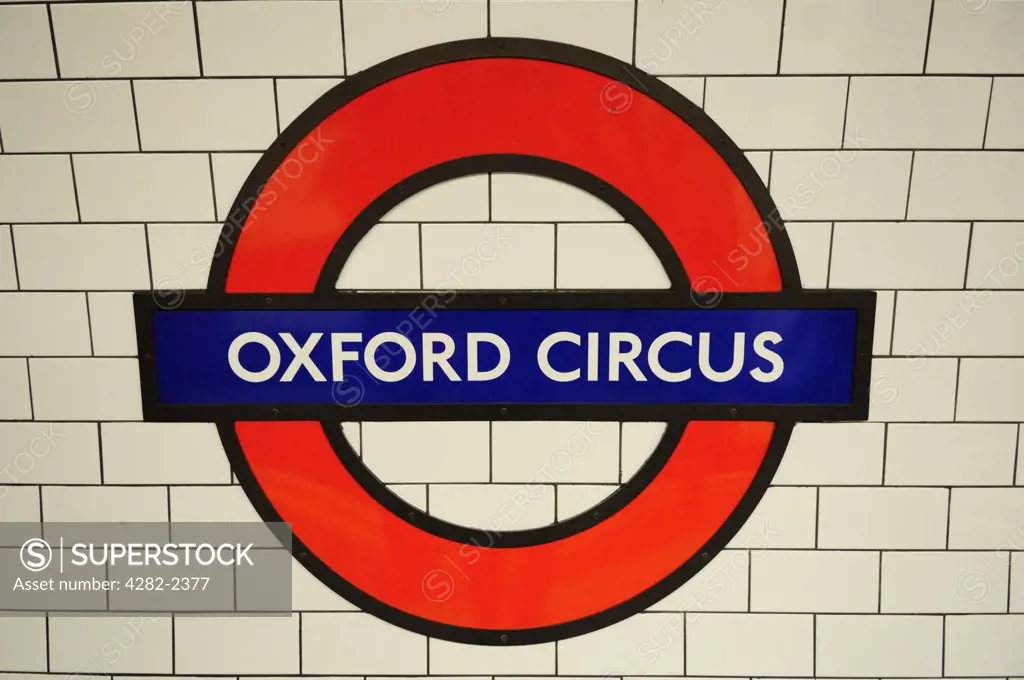 England, London, Oxford Circus. Oxford Circus Underground station symbol.