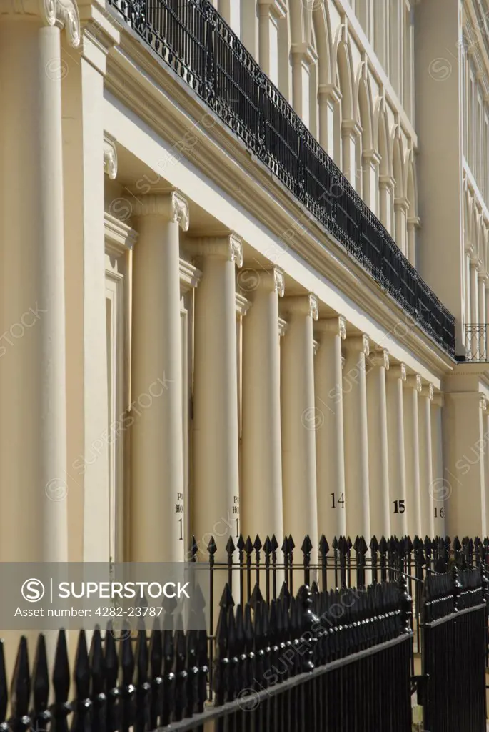 England, London, Westminster. Rows of stone columns belonging to houses designed by John Nash in Park Square East.